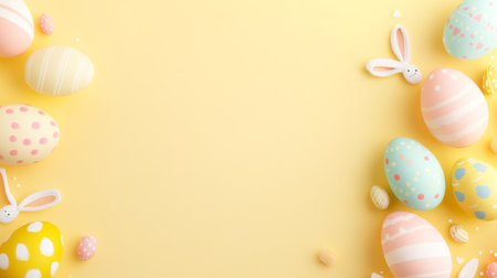 Yellow background with a bunch of eggs and a rabbitの写真素材