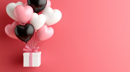 Box with a bunch of balloons and hearts is floating above itの写真素材