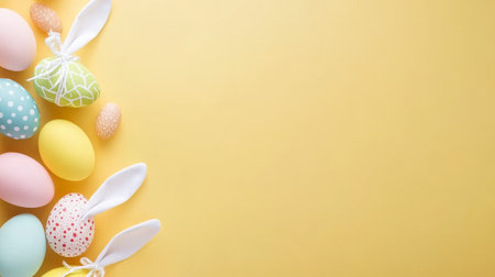 Yellow background with a bunch of colorful eggs and a white bunnyの写真素材