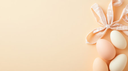 Bunch of eggs with a bow on top of a light colored backgroundの写真素材