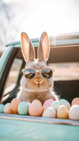 Rabbit wearing sunglasses and holding a bunch of Easter eggsの写真素材