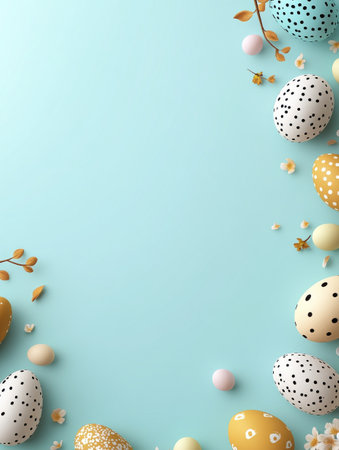 Blue background with a bunch of eggs and flowersの写真素材