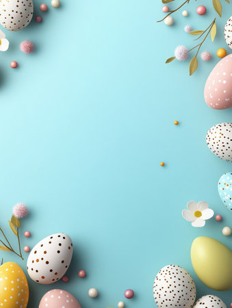 Blue background with a bunch of eggs and flowersの写真素材