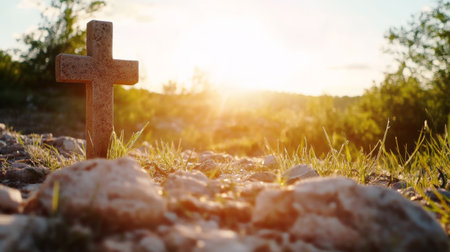 Cross is on a rocky field with the sun shining on itの写真素材