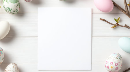 White card with a square shape and a bunch of Easter eggs around itの写真素材