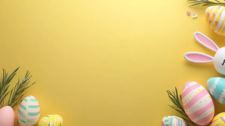 Yellow background with a bunch of Easter eggs and bunny earsの写真素材