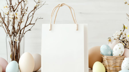 White bag is on a table with a bunch of eggs and a vase of flowers