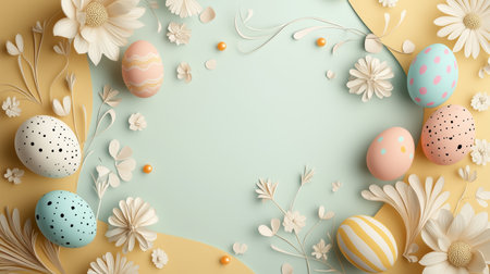Colorful Easter egg arrangement with flowers and a yellow backgroundの写真素材