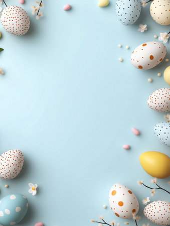 Blue background with a bunch of eggs on itの写真素材