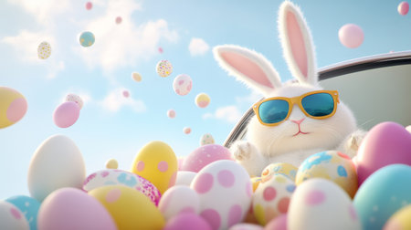 Cartoon rabbit is wearing sunglasses and sitting in a pile of Easter eggsの写真素材