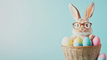Rabbit wearing glasses is sitting in a basket full of Easter eggsの写真素材