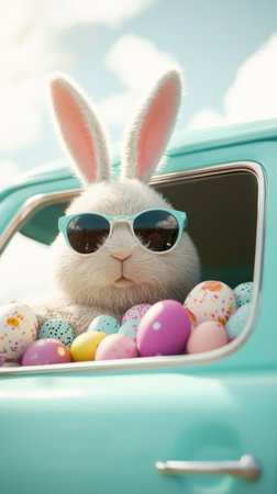 Rabbit wearing sunglasses and sitting in a car with a bunch of Easter eggsの写真素材
