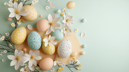 Colorful arrangement of eggs and flowers on a green backgroundの写真素材