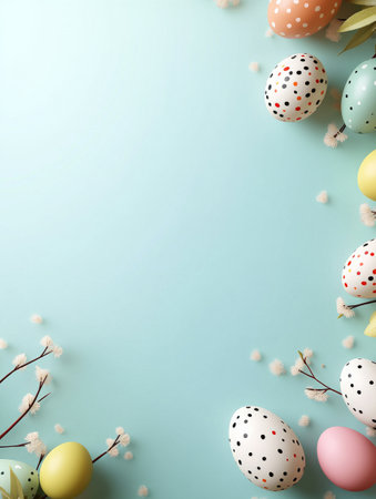 Blue background with a bunch of eggs on itの写真素材