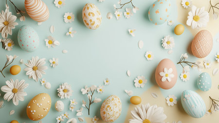 Blue and yellow background with a variety of eggs and flowersの写真素材