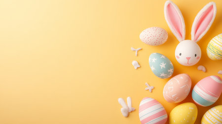 Yellow background with a rabbit and a bunch of eggsの写真素材