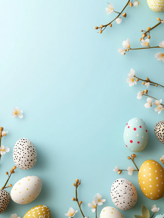 Blue background with a bunch of eggs and flowersの写真素材