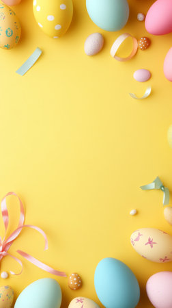 Yellow background with a bunch of colorful eggs and ribbonsの写真素材