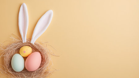 Basket of eggs with a rabbits ears and a nestの写真素材