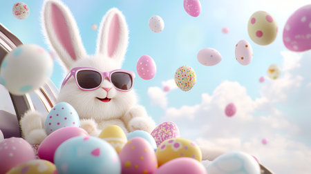Cartoon rabbit is sitting in a car with a bunch of Easter eggsの写真素材