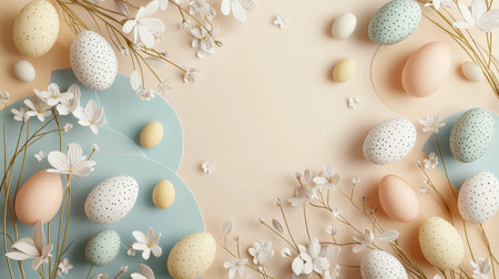Colorful arrangement of eggs and flowers on a white backgroundの写真素材