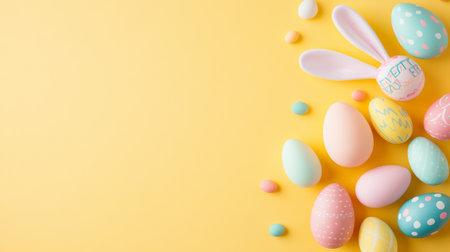 Yellow background with a bunch of Easter eggs and a rabbitの写真素材