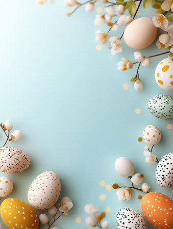 Blue background with a bunch of eggs and flowersの写真素材