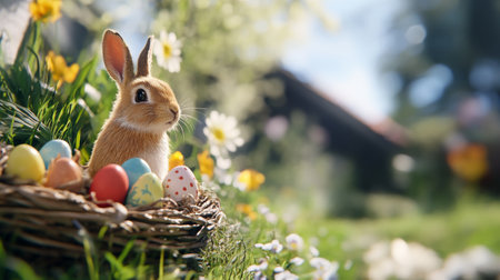 Rabbit is sitting in a basket full of Easter eggs