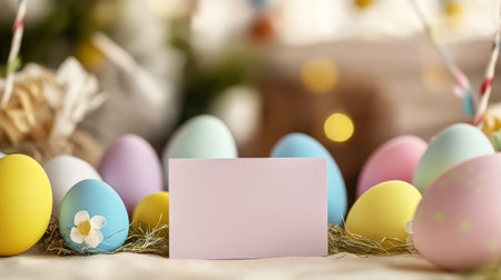 Pink card with a white flower on it sits in front of a bunch of colorful eggs