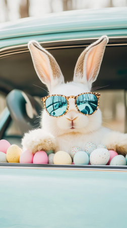 Rabbit wearing sunglasses and holding a bunch of Easter eggsの写真素材