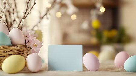 Basket of eggs and a blank card sit on a table