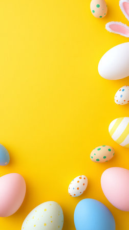 Yellow background with a row of colorful eggs on itの写真素材