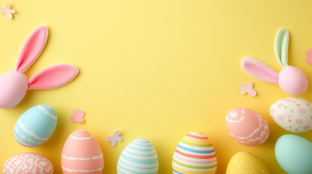 Yellow background with a bunch of colorful Easter eggs and bunny earsの写真素材
