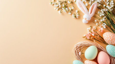 Colorful Easter basket with a white bunny and a bunch of eggsの写真素材