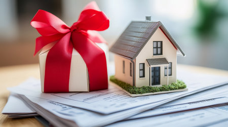 House is on top of a stack of papers with a red ribbon tied around itの写真素材