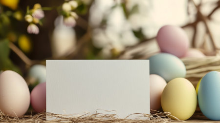 White card with a blank space sits on a table next to a basket of Easter eggsの写真素材