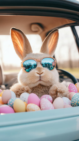 Rabbit wearing sunglasses and sitting in a car with a bunch of Easter eggsの写真素材