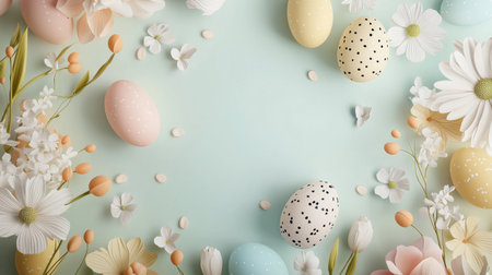 Blue and white background with a bunch of flowers and eggsの写真素材