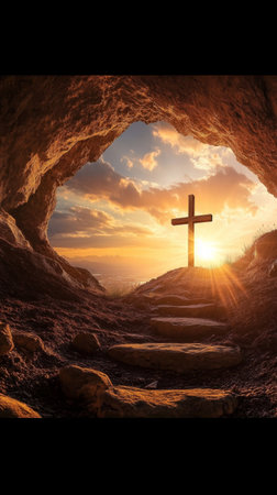 Cross is shown in a cave with a sunset in the backgroundの写真素材