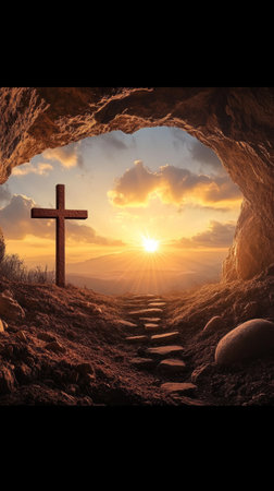 Cross is shown in a cave with a sunset in the backgroundの写真素材