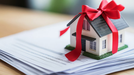 House is wrapped in a red ribbon and sits on top of a stack of papersの写真素材