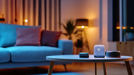Living room with a white coffee table and a couchの写真素材