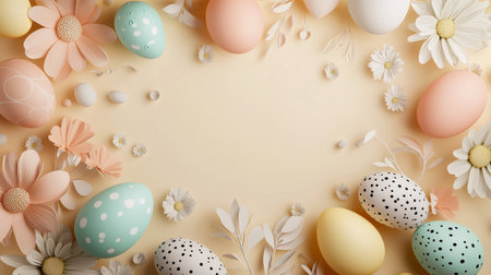 Colorful arrangement of eggs and flowers on a yellow backgroundの写真素材