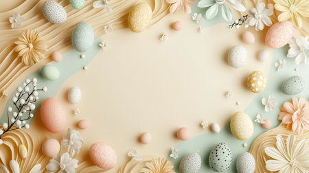 Colorful Easter egg arrangement with a white backgroundの写真素材
