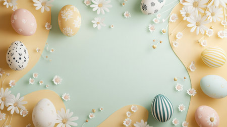 Colorful arrangement of eggs and flowers on a green backgroundの写真素材