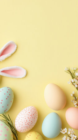Yellow background with a bunch of Easter eggs and bunny earsの写真素材