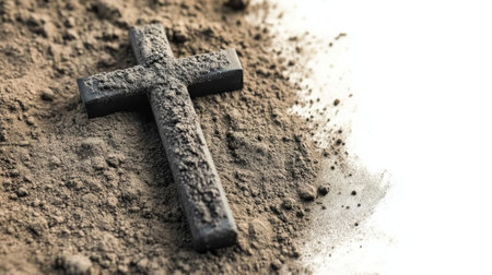 Cross is on top of a pile of dirtの写真素材