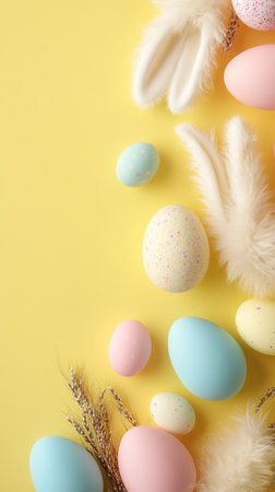 Yellow background with a variety of colorful eggs and feathersの写真素材