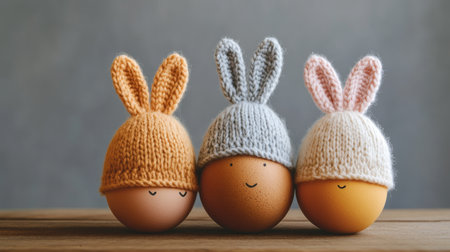 Three small knitted rabbits wearing hats are standing on a wooden tableの写真素材