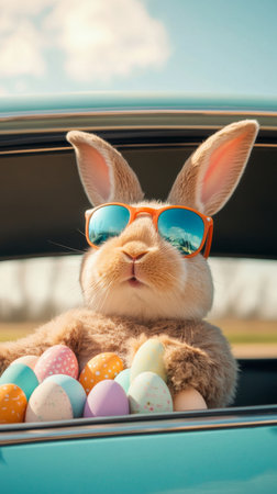 Rabbit is wearing sunglasses and holding a basket of Easter eggsの写真素材